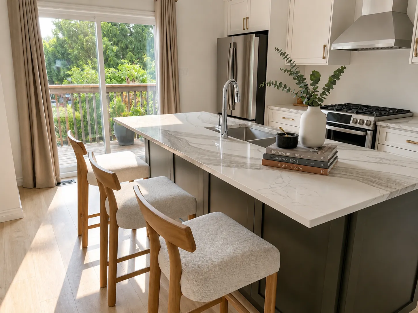 Condo kitchen with a quartz island