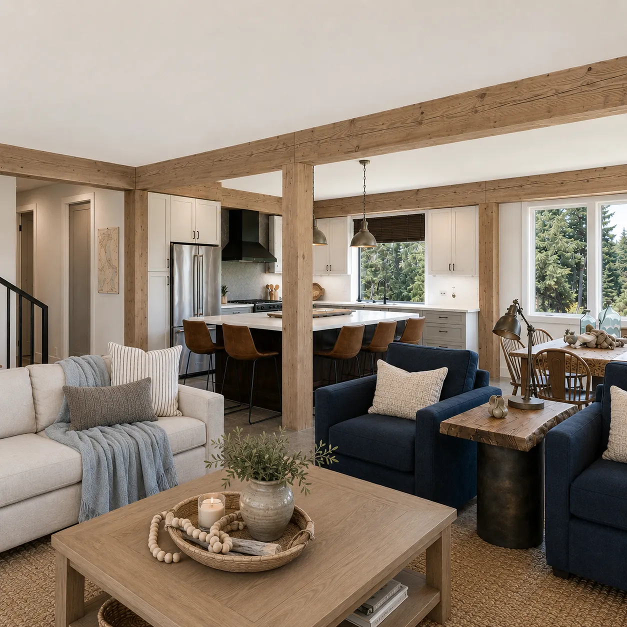 Great room with exposed beams