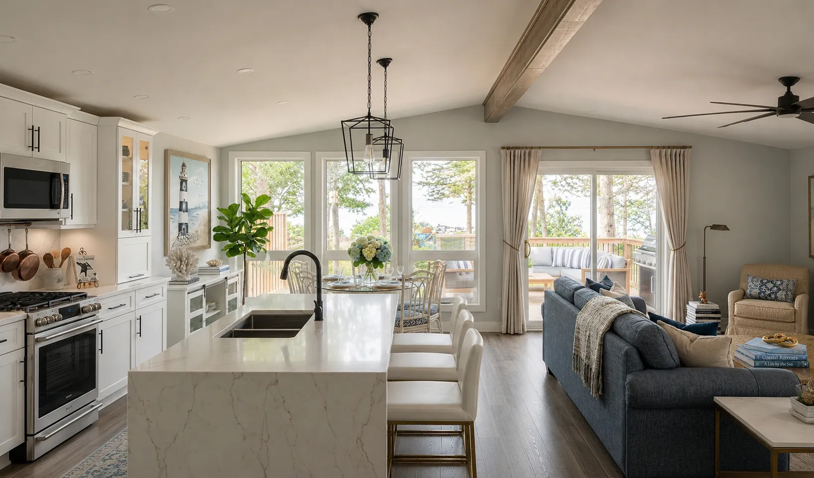 Open kitchen and living room in a Bayfield lake house