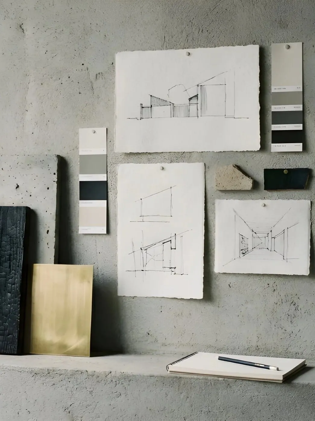 Commercial design concept sketches and material samples