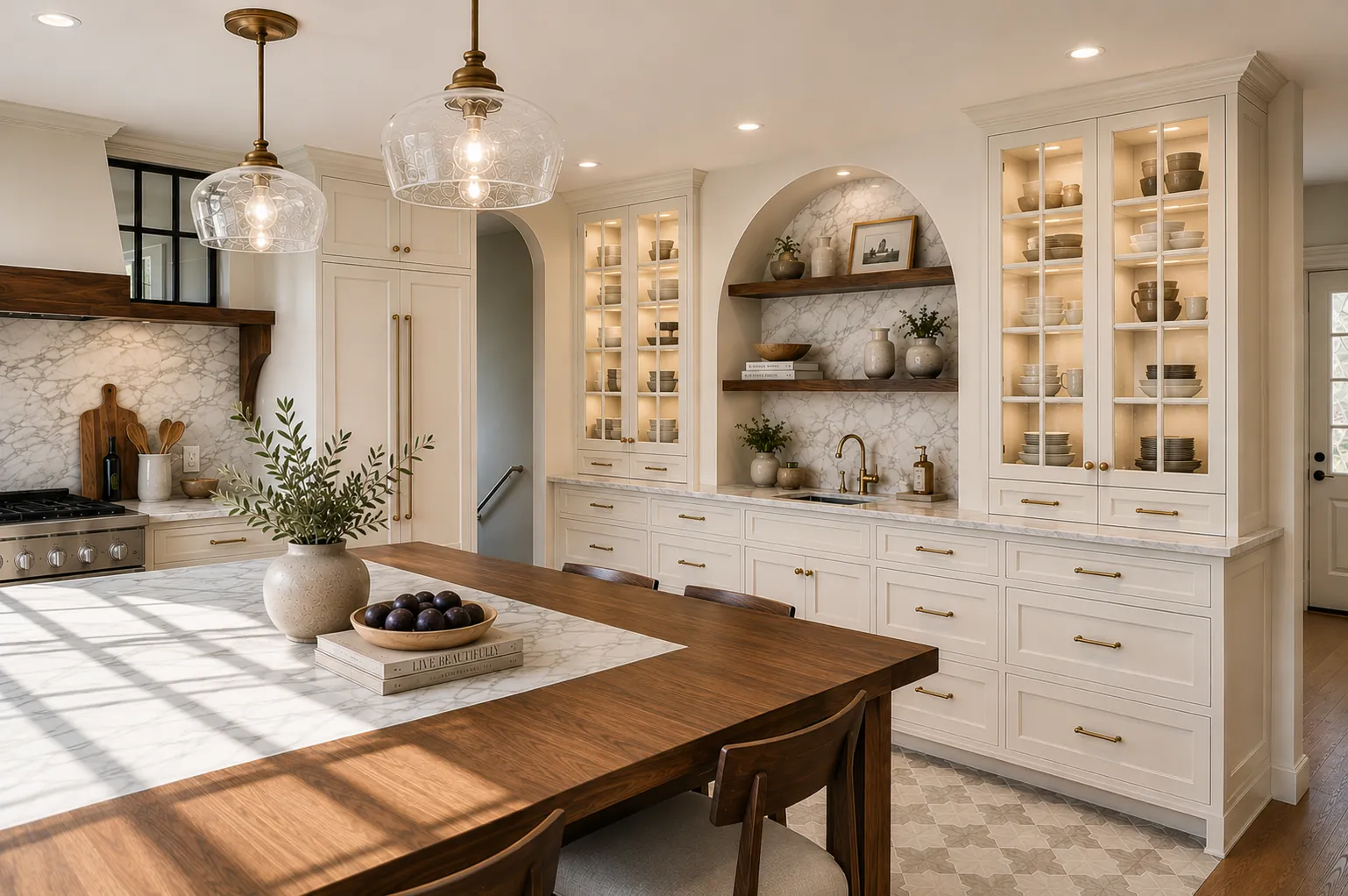 Kitchen and dining area with glass-front cabinets
