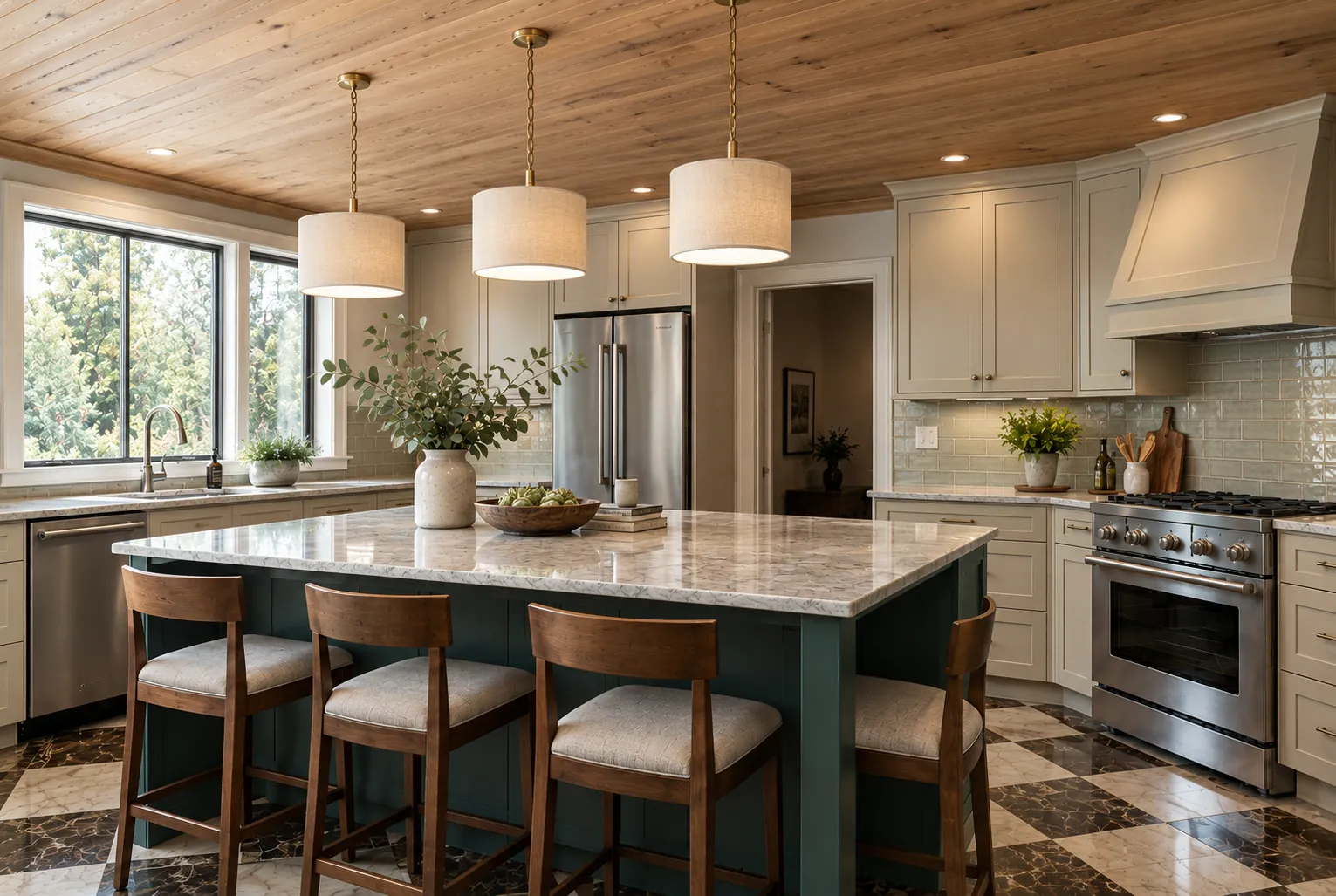 Kitchen with a green island and wood ceiling in Ilderton
