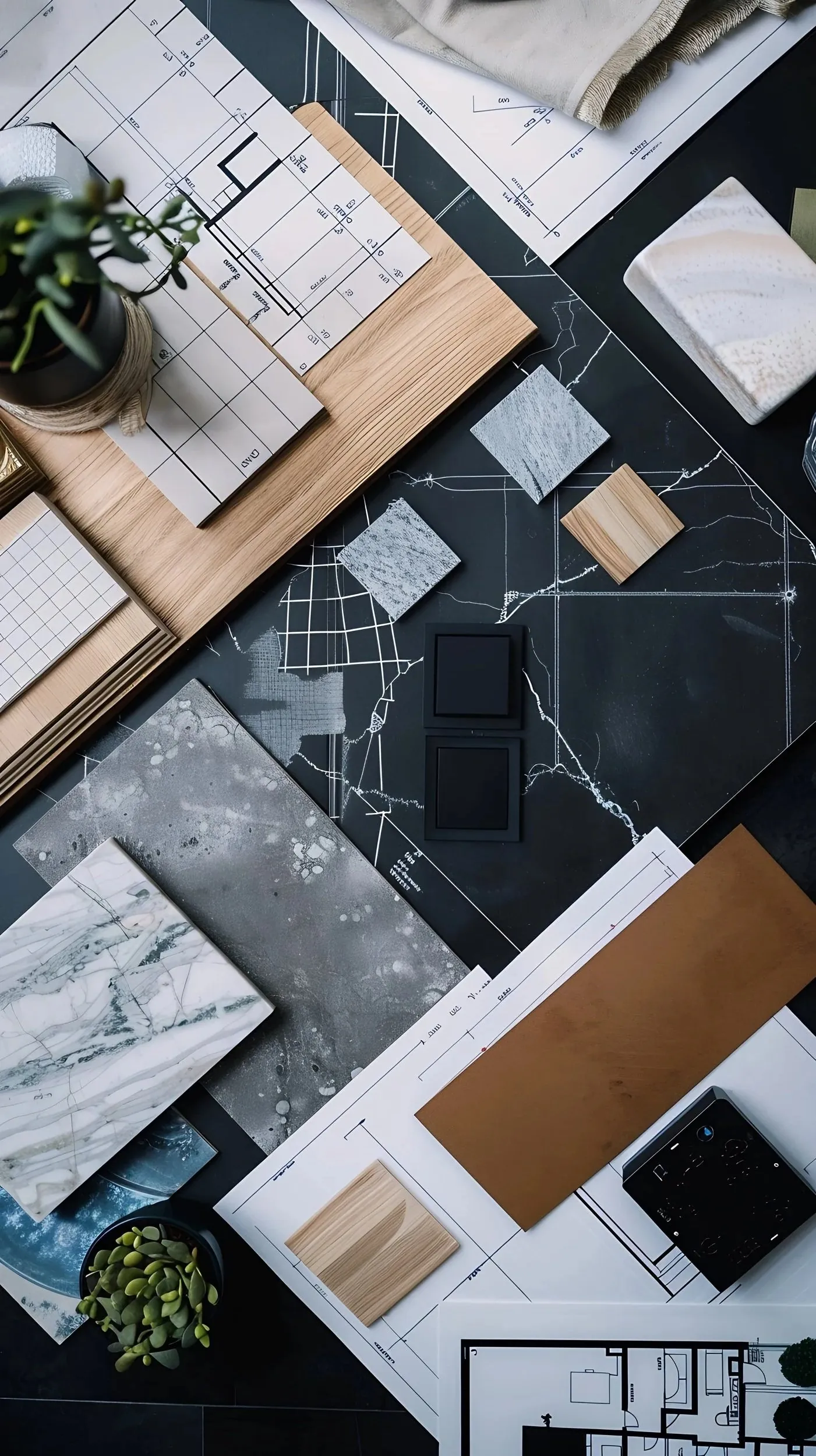 Tile, stone and wood finish samples laid out on plans