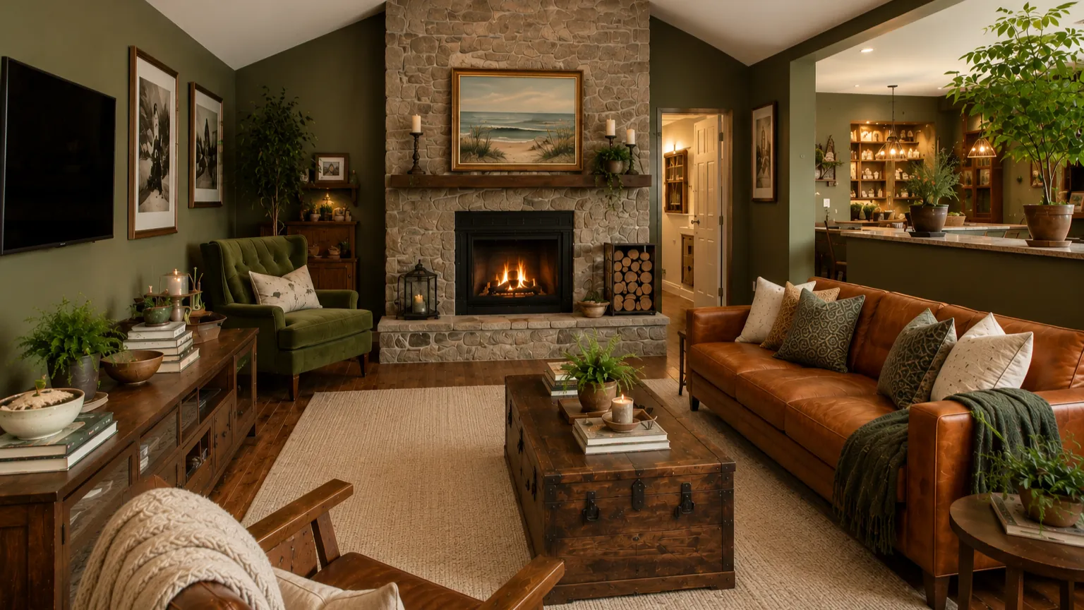 Living room with a stone fireplace and leather sofa