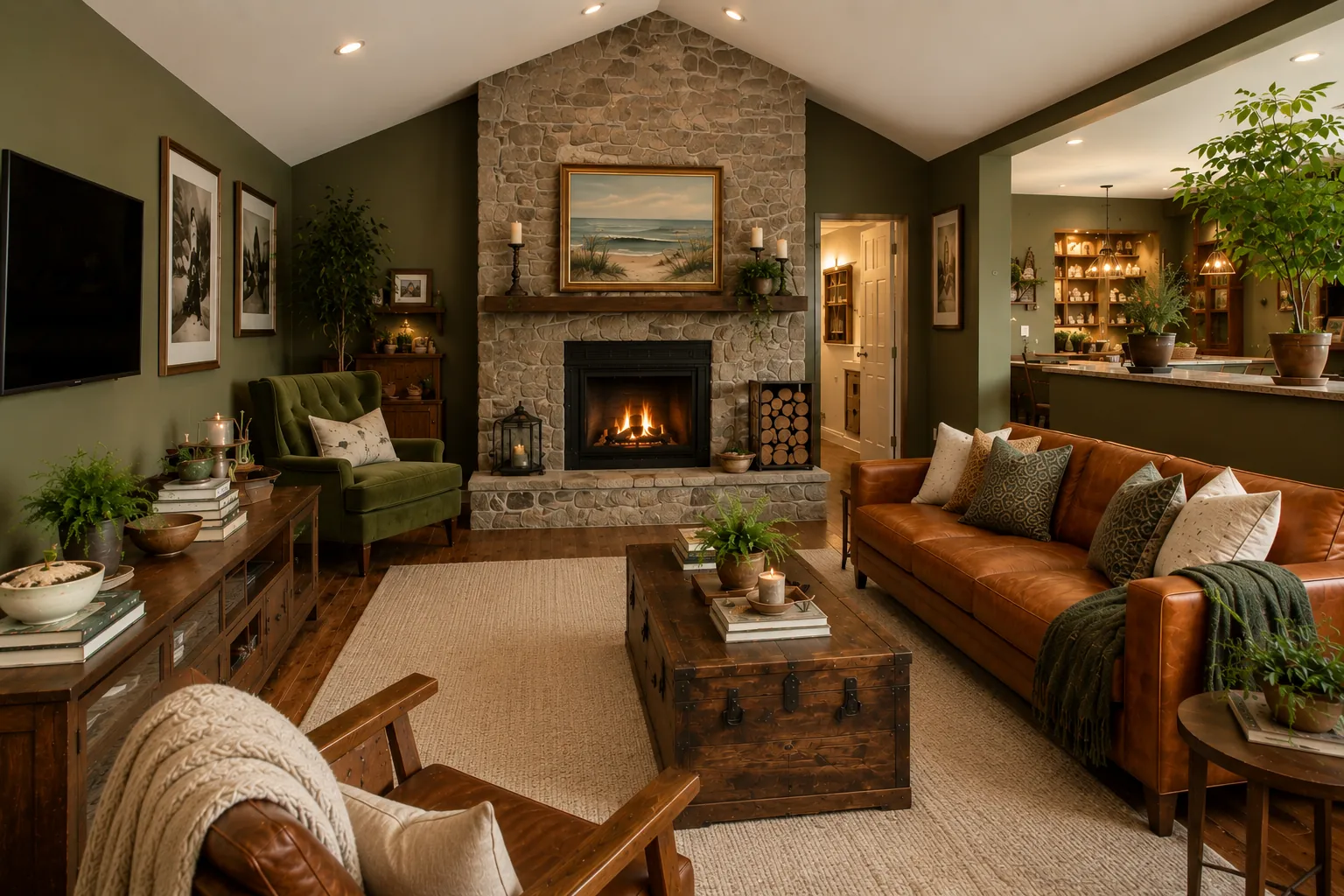 Living room with a stone fireplace