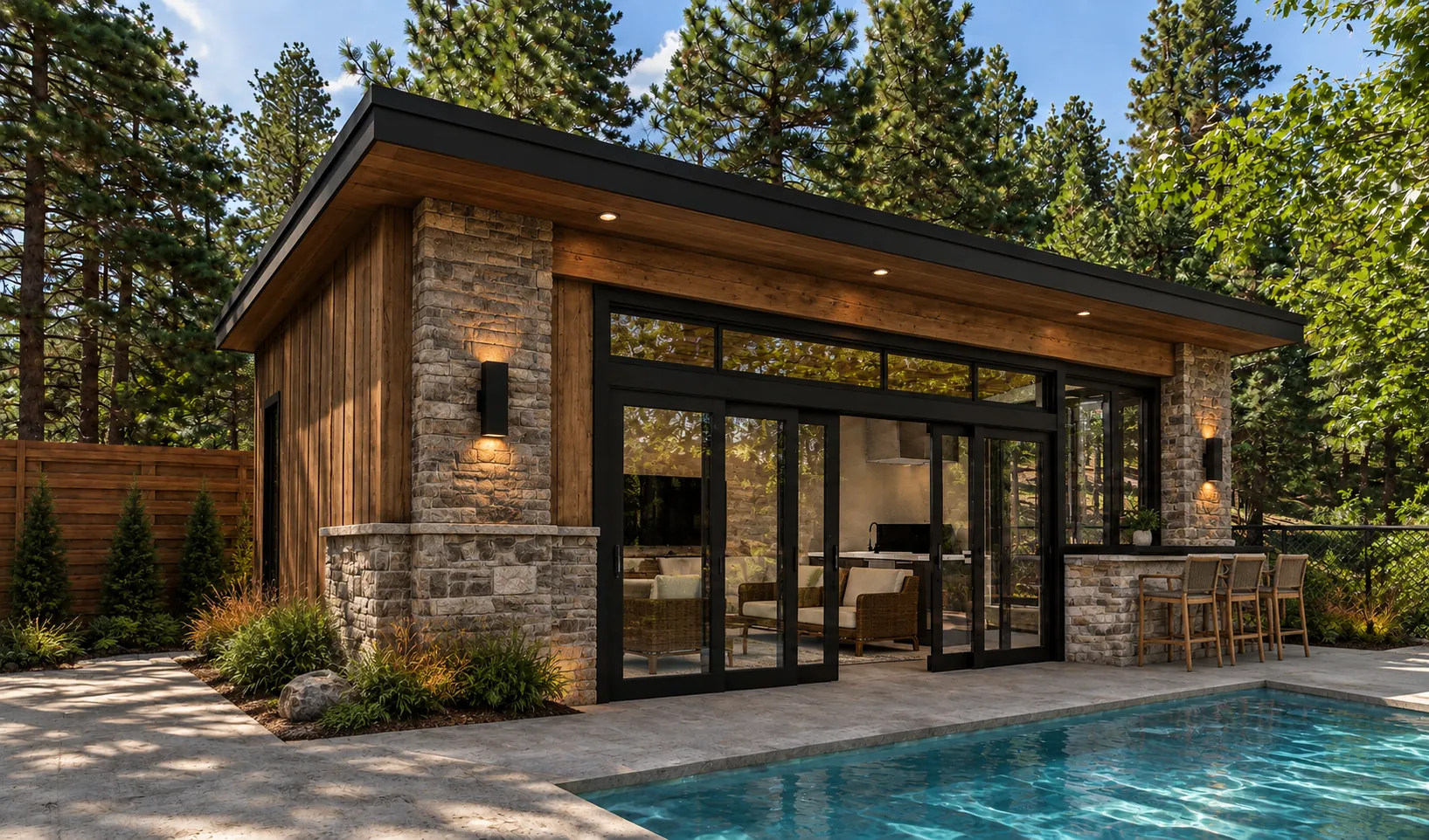 Rendering of a custom pool house with sauna