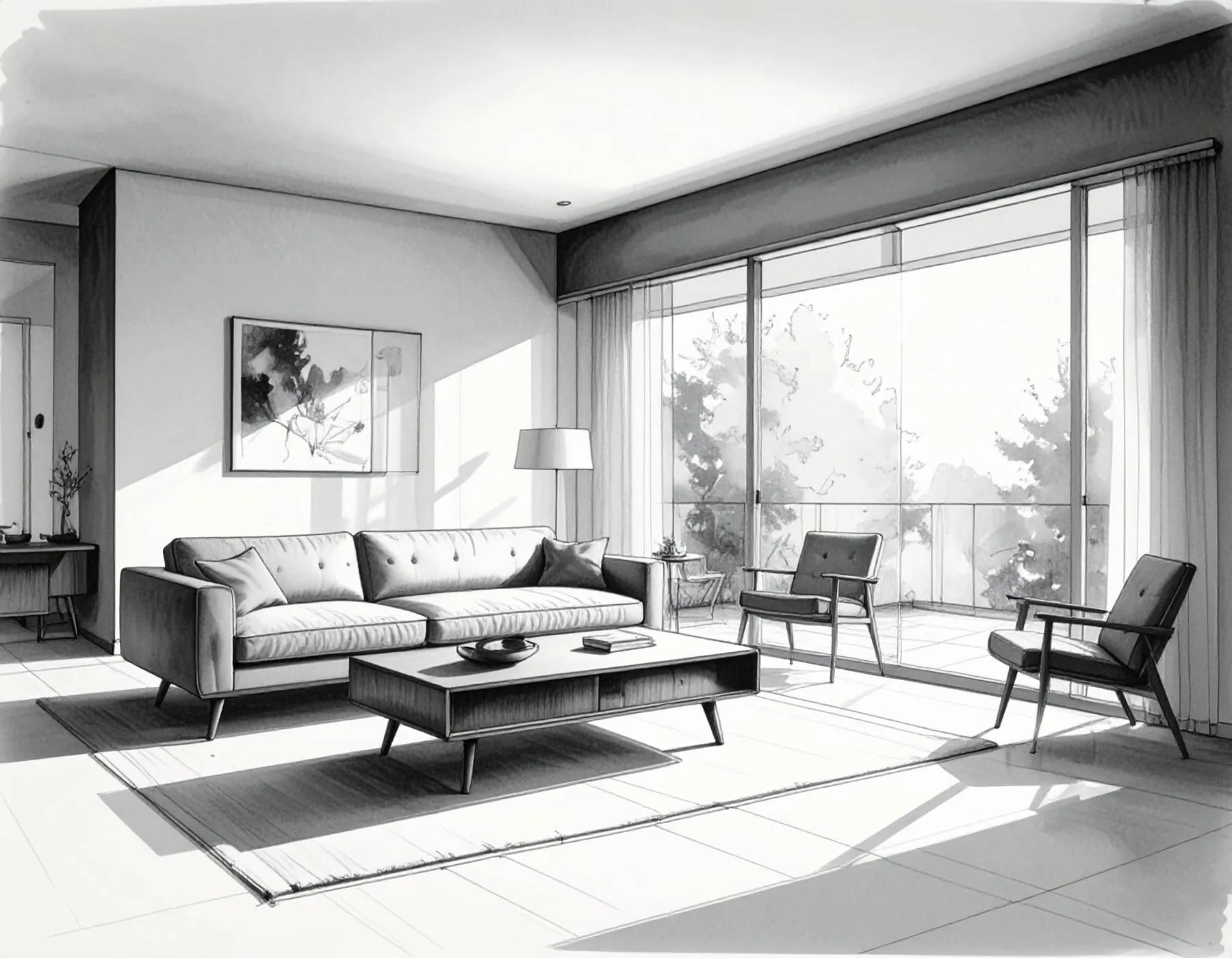 Pencil sketch of a mid-century living room