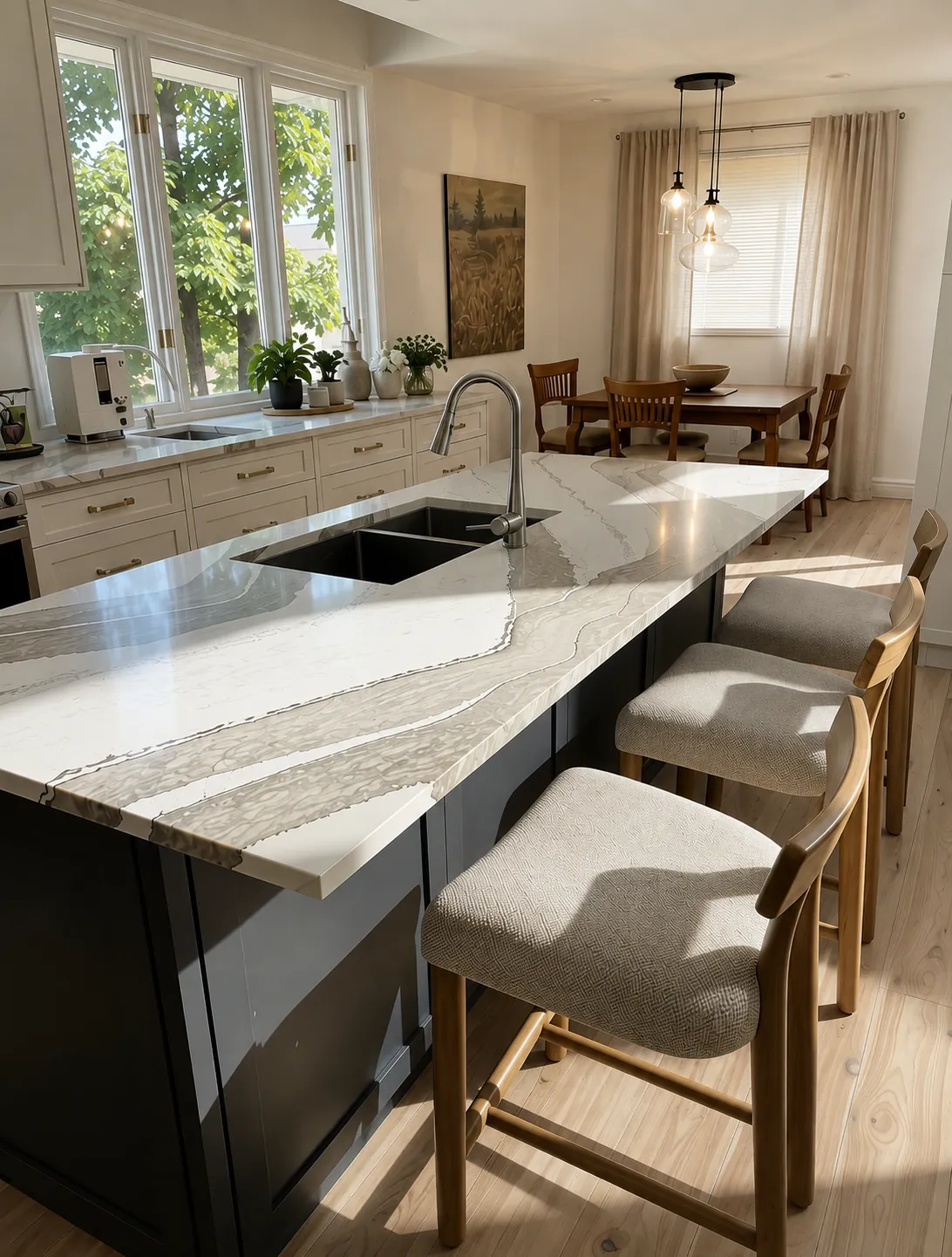Bright modern kitchen with a marble island