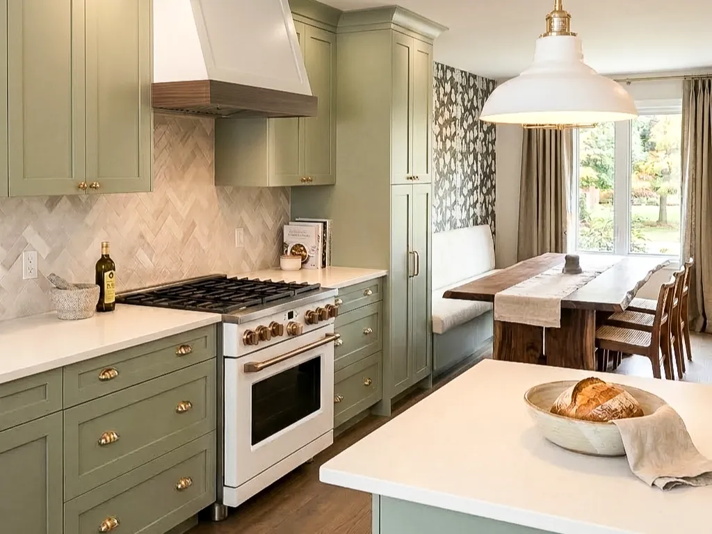 Sage green kitchen with brass pendant and herringbone backsplash