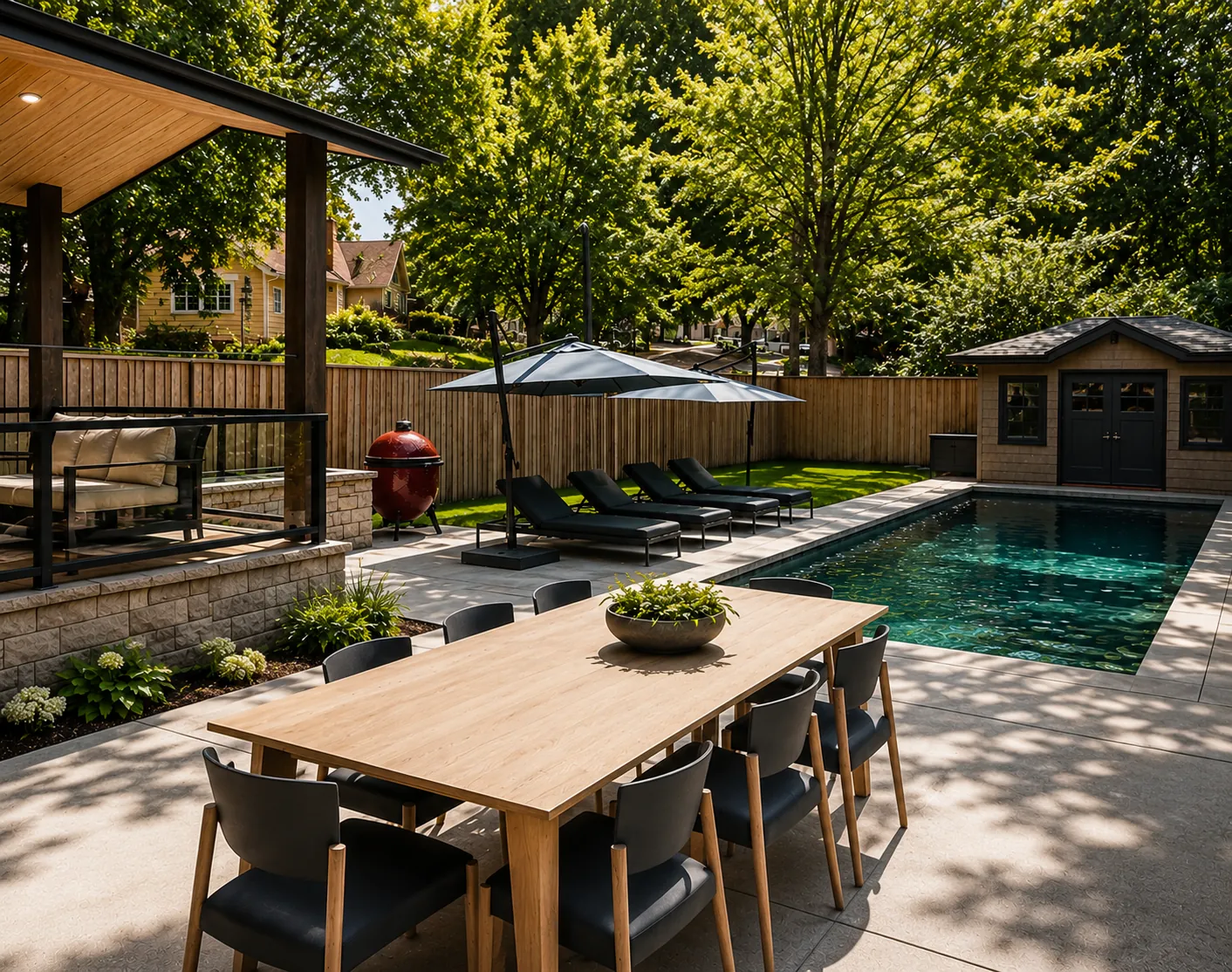 Century home backyard with pool and covered porch