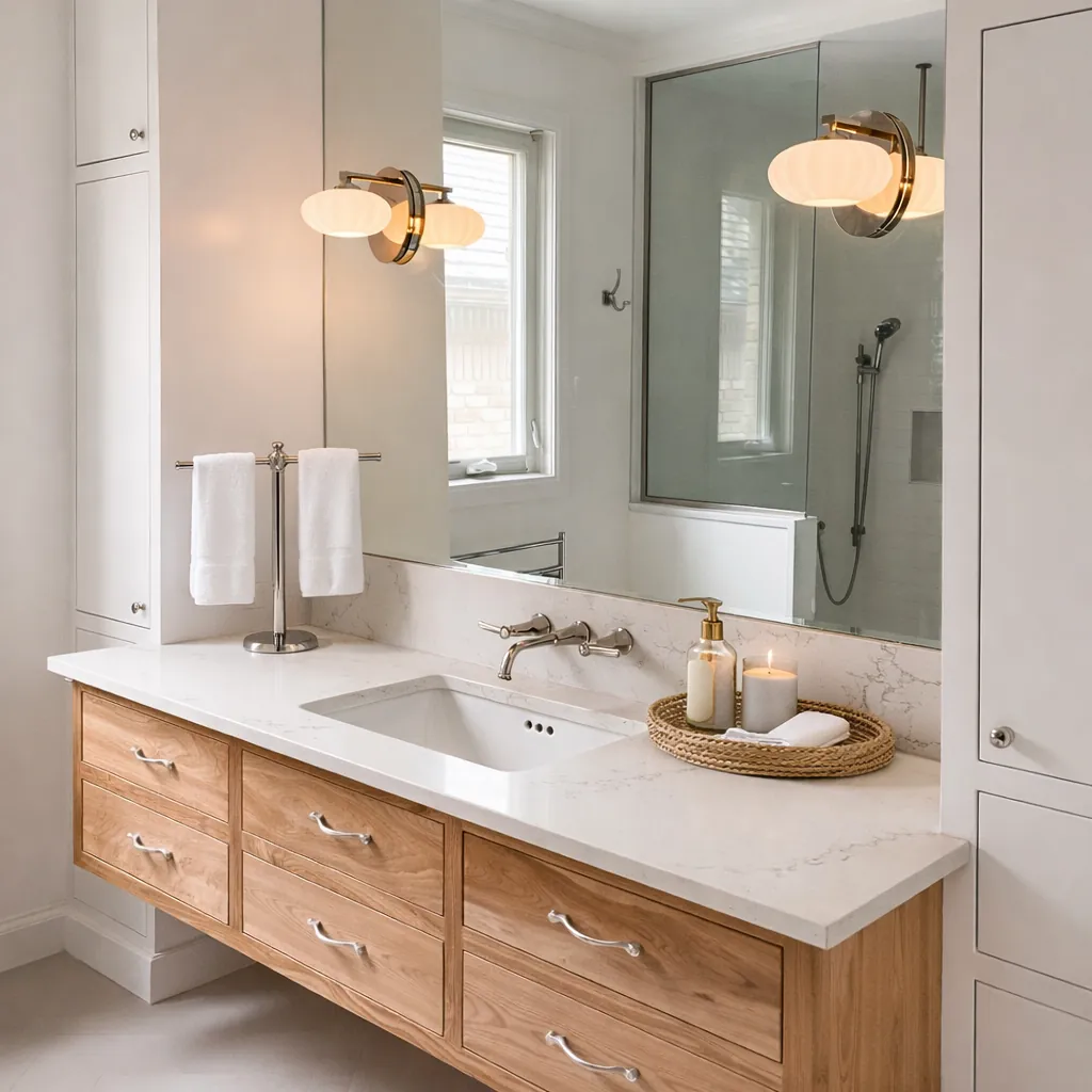 Ensuite with a wood vanity and brass sconces