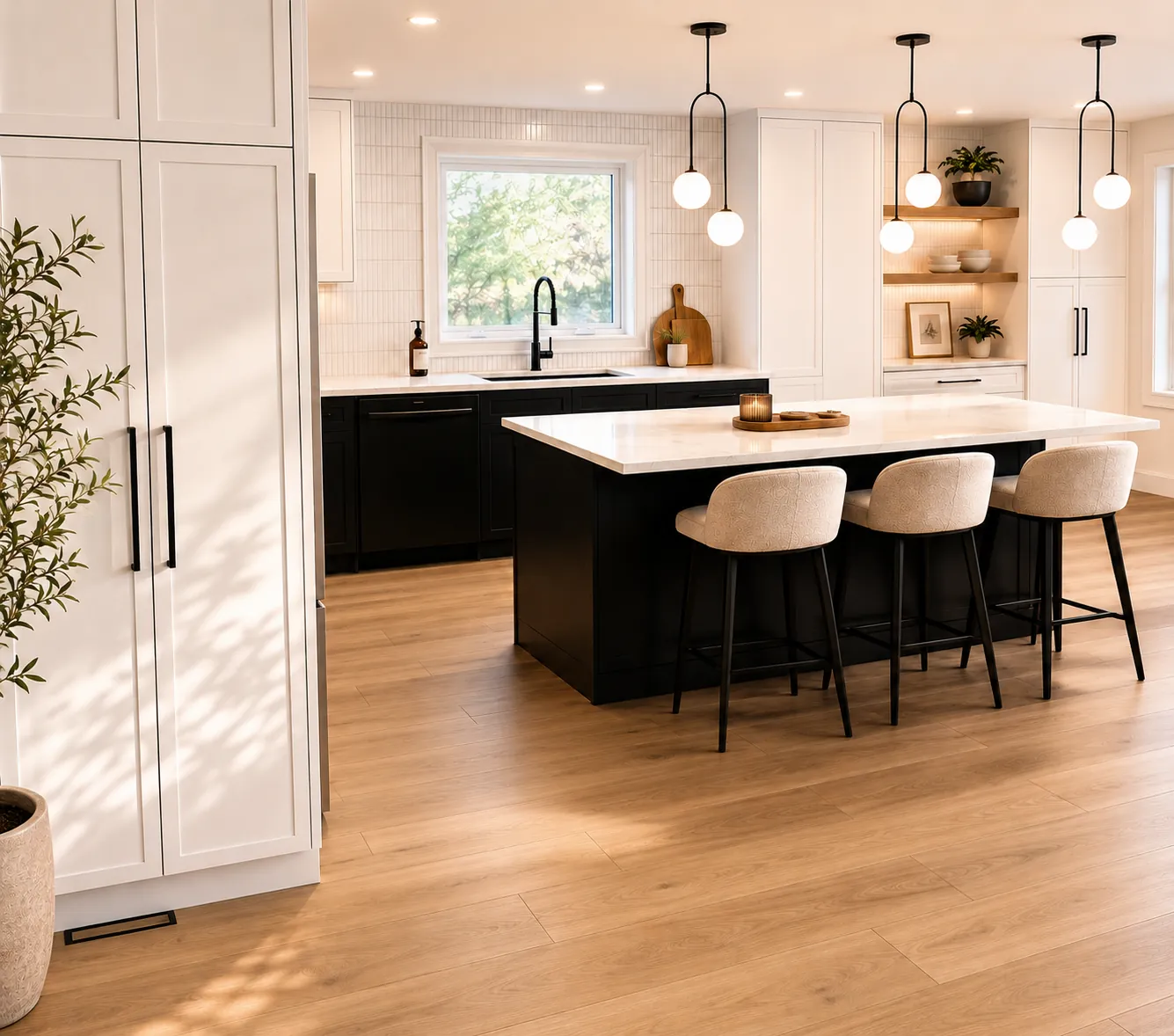 Kitchen island with pendant lights and white stools