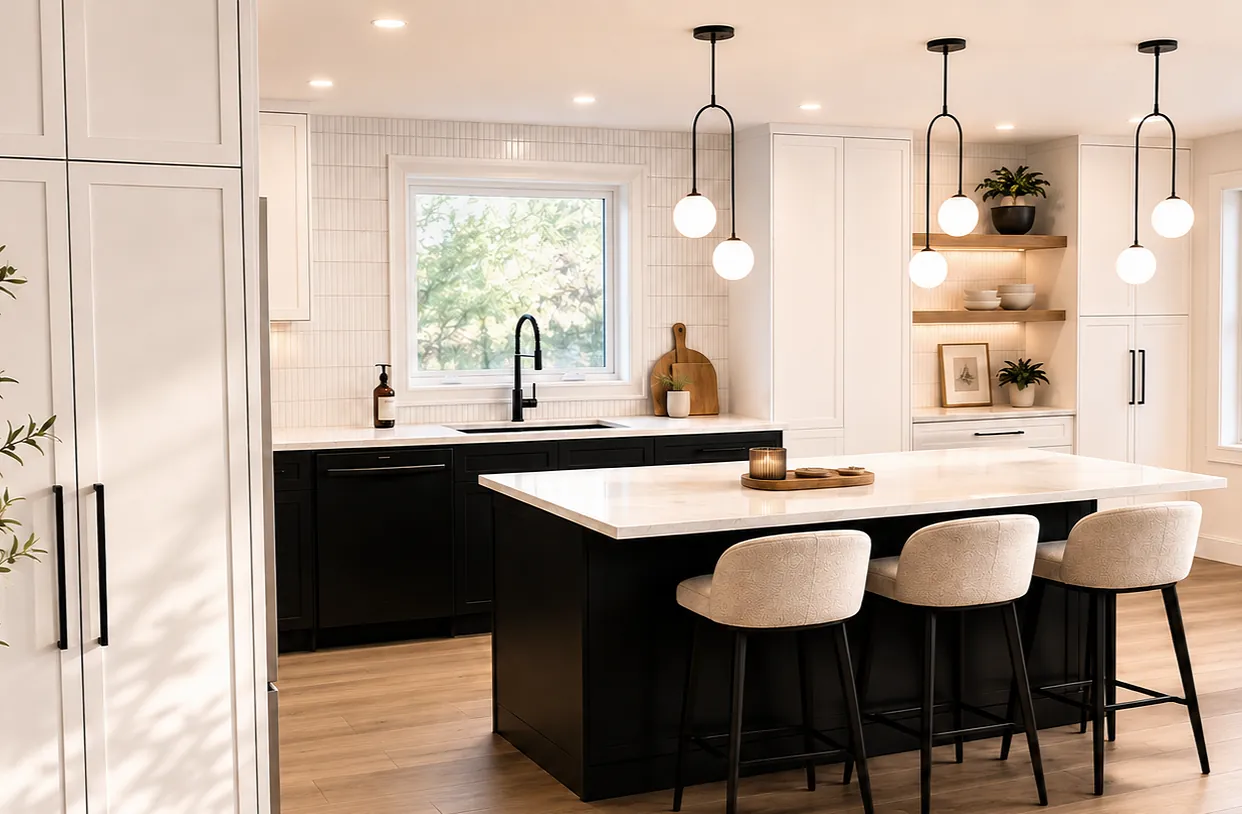 Kitchen with black island and pendant lights