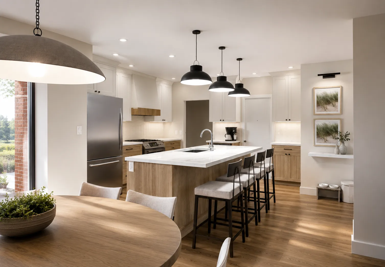 3D rendering of a bright open-concept kitchen