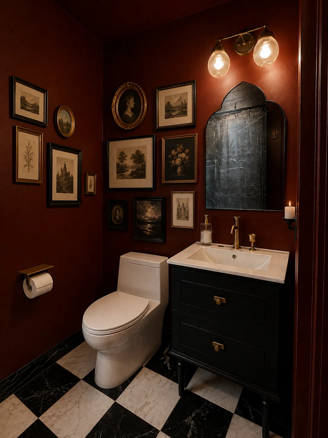 Burgundy powder room with a vintage gallery wall