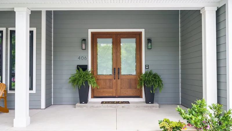 Front entry with double wood doors